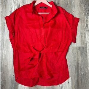 Lauren Ralph Lauren Red Linen Blend Front Tie Blouse Women’s XXL Short Sleeve